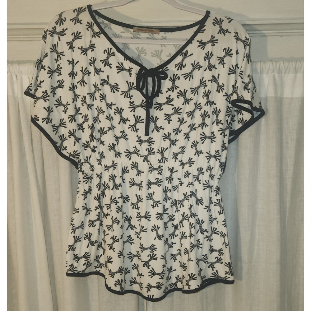 Barbara Hulanicki White Black Bow Print Peplum Blouse Top UK 14 EU 42